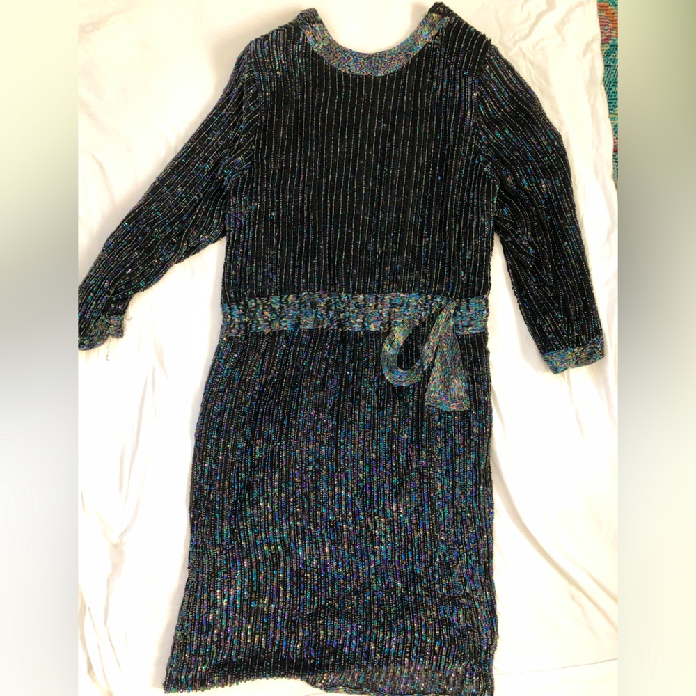 Vtg Black beading and sequin silk holiday, wedding guest formal dress, NYE - Picture 5 of 10